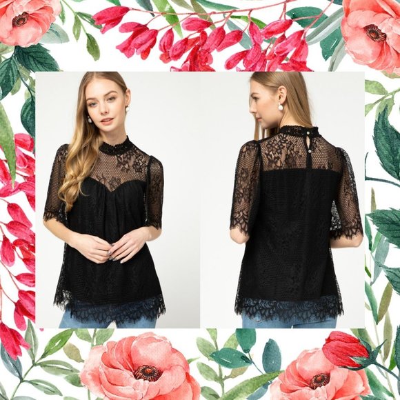 Entro Black High Neck Crochet Lace Top - Picture 1 of 14